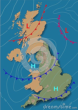 England. Weather map of the England. Meteorological forecast. Editable vector illustration of a generic map showing isobars and Cartoon Illustration