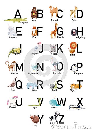 English alphabet with cute watercolor animals for babies, children. Stock illustration. Cartoon Illustration