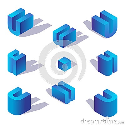 English alphabet. Isometric letter U with shadow drawn with blue gradients Stock Photo