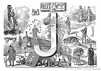 English alphabet J with mixed illustrations animals and decoration hand drawn ABC / Antique illustration from Petit Larousse 1914 Cartoon Illustration