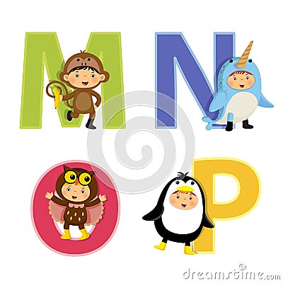 English alphabet with kids in animal costume, M to P letters Vector Illustration