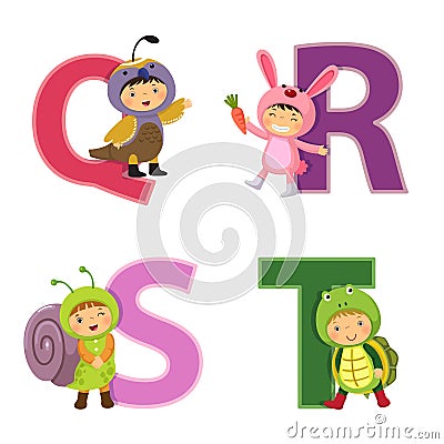 English alphabet with kids in animal costume, Q to T letters Vector Illustration