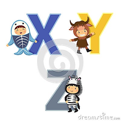 English alphabet with kids in animal costume, X to Z letters Vector Illustration