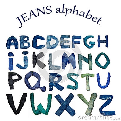 The English alphabet is laid out from letters consisting of jeans clothes of various shade Stock Photo