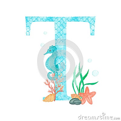 English alphabet Letter T Monogram with watercolor marine design - seahorse seaweed coral starfish. Isolated on white Cartoon Illustration