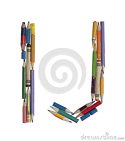 Alphabet - letters: I J, alphabet made from colorful used pencils Stock Photo