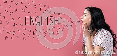 English with alphabet letters with young woman speaking Stock Photo