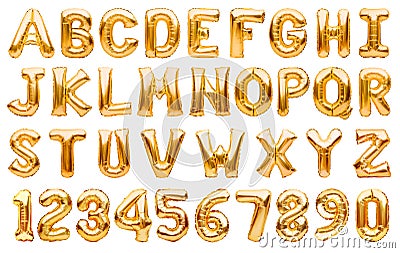 English alphabet and numbers made of golden inflatable helium balloons isolated on white. Gold foil balloon font, full alphabet Stock Photo