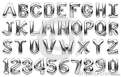 English alphabet and numbers made of silver inflatable helium balloons isolated on white. Silver foil balloon font, full alphabet Stock Photo