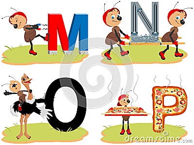 English alphabet set funny pictures words. Magnet, nail, ostrich and pizza Vector Illustration