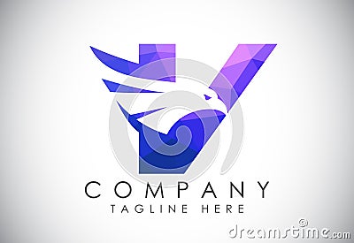 English alphabet V with Eagle head negative space symbol. Creative Eagle head vector design template Vector Illustration