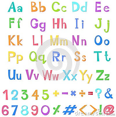 English alphabets and numbers in many colors Vector Illustration