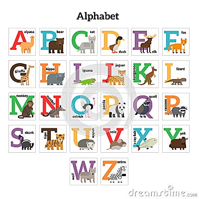 English animals zoo alphabet Vector Illustration
