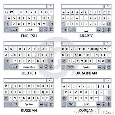 English, Arabic, Germany, Ukrainian, Korean and Russian smartphone virtual keyboards Vector Illustration