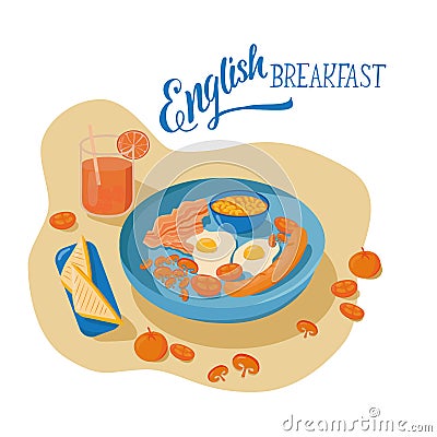 English breakfast Illustration for breakfast menu in hotel, cafe, restaurant, diner poster for wall decoration home Vector Illustration