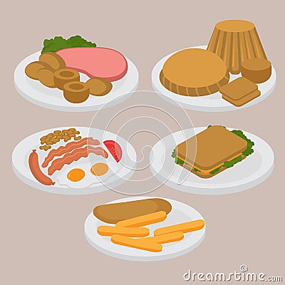 English breakfast, lunch and dinner sausage, egg, becon and beans. Meat and sandwich. Fish and chips, pastry and pudding Vector Illustration