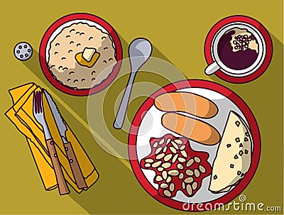English breakfast scrambled eggs sausages coffee beans oatmeal Vector Illustration