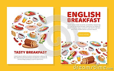 English breakfast web banner and card. Traditional tasty dishes for breakfast landing page, promotional leaflet cartoon Vector Illustration