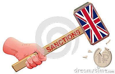 English British sanctions against russian financial system. Hand hammer british flag beat coin Cartoon Illustration