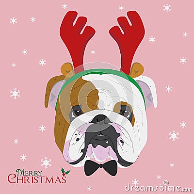 English Bulldog dog with reindeer horns Vector Illustration