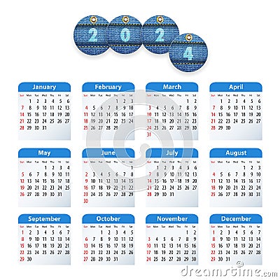 English Calendar 2024 with circle jeans tags Cartoon Illustration