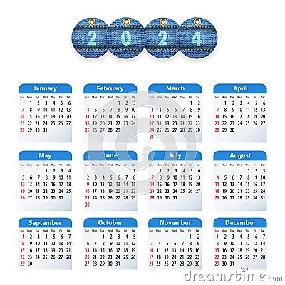 English Calendar 2024 with circle jeans tags Vector Illustration