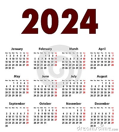 English Calendar grid bold digits for 2024. MF Vector Illustration