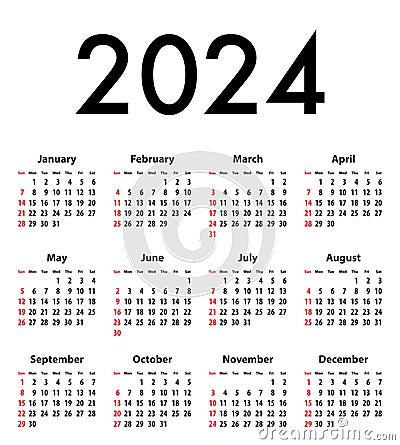 English Calendar grid bold digits for 2024. SF Vector Illustration