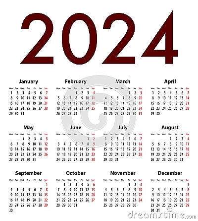 English Calendar grid regular digits for 2024. MF Vector Illustration
