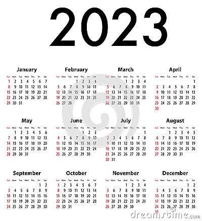 English Calendar grid for 2023. SF Vector Illustration