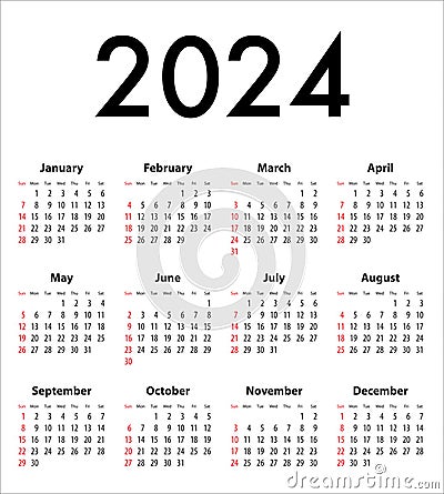 English Calendar grid for 2024. SF Vector Illustration