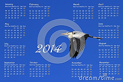 English 2014 calendar with heron in flight Stock Photo