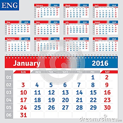 English calendar 2016 Vector Illustration