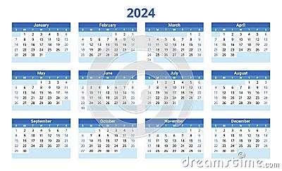 2024 english calendar, horizontal. Modern vector illustration. Plan your year Vector Illustration