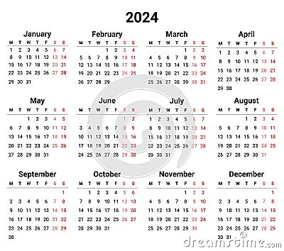 2024 english calendar, horizontal. Week starts monday. Somple vector illustration Vector Illustration