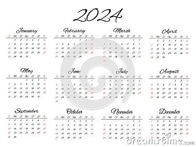 2024 ENGLISH calendar. Modern vector editable illustration Vector Illustration