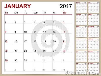 English Calendar 2017 Vector Illustration