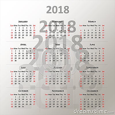 English calendar 2018 Cartoon Illustration