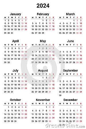 2024 english calendar, vertical. Week starts monday. Somple vector illustration Vector Illustration