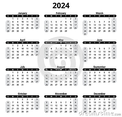 2024 english calendar, vertical. Week starts sunday. Printable vector illustration Vector Illustration