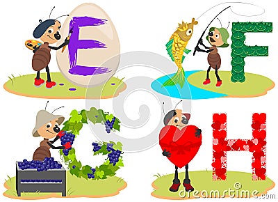 English children alphabet E, F, G, H. Egg, fish, grapes, heart funny cute ant insect helps to learn English letters Vector Illustration