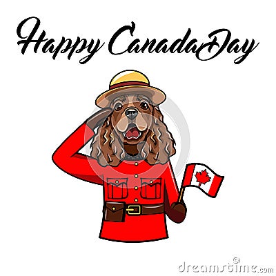English Cocker Spaniel Dog. Canadian flag. Canada day card. Royal Canadian Mounted Police. Spaniel portrait. Vector. Vector Illustration
