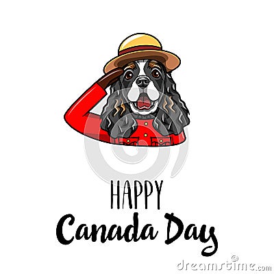 English Cocker Spaniel. Happy Canada day greeting card. Royal Canadian Mounted Police. Dog portrait. Vector. Vector Illustration