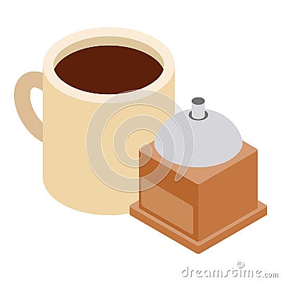 English coffee icon isometric vector. Cup of coffe and manual coffee grinder Stock Photo