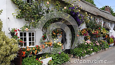 English country cottage decked with flowers Stock Photo