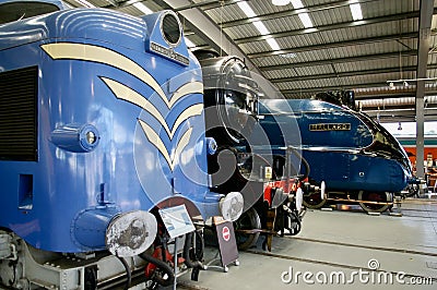 English Electric Deltic Prototype Locomotive next to LNER Class V2 4771 Green Arrow and The Mallard. Editorial Stock Photo
