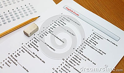 English exam on table Stock Photo