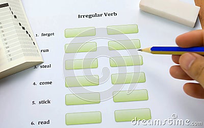 English exercise, book, and eraser on table Stock Photo