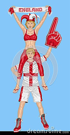 English Fans Supporting England Team with Scarf and Foam Finger Vector Illustration