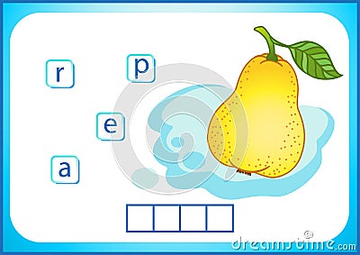 School education. English flashcard for learning English. We write the names of vegetables and fruits. Words is a puzzle game for Vector Illustration